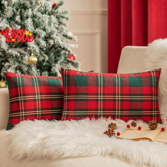 Plaid Christmas Throw Pillow Covers 12x20 Inch Red and Green Decorative Pillow Covers Set of 2 Accent Pillow Cases for Holiday Home Decor Cushion Covers Woven Fabric with Gold Thread