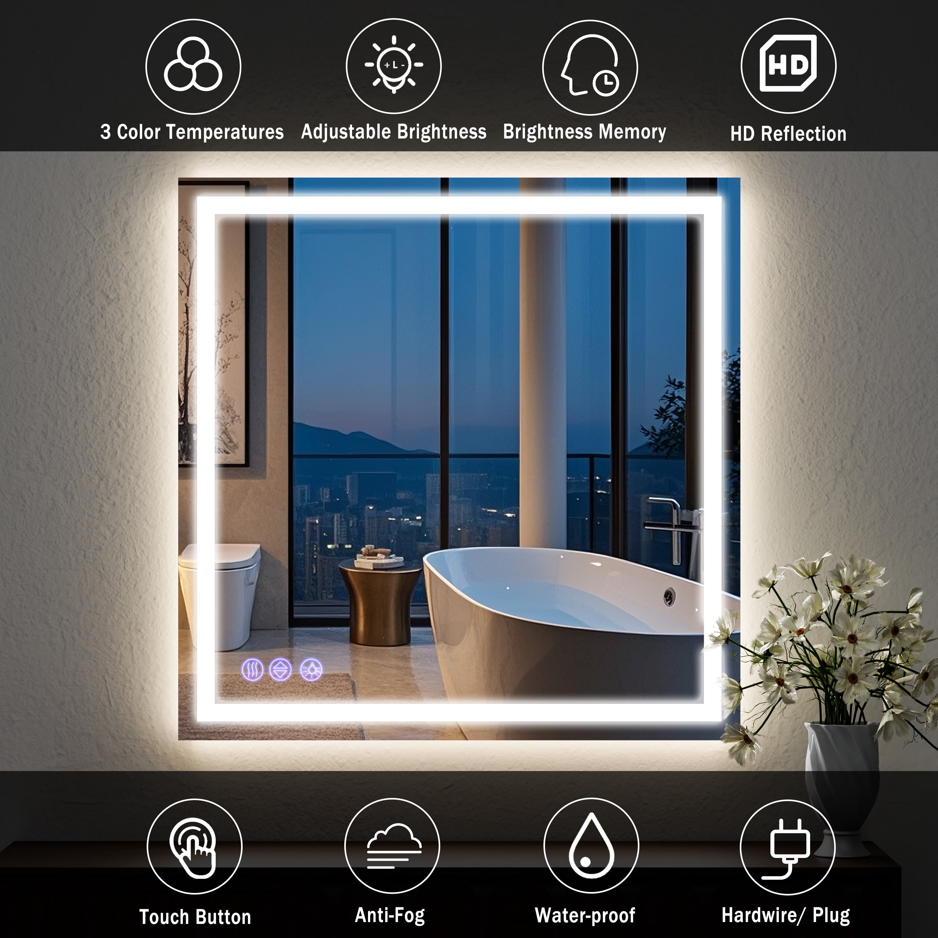 Mirrasia 40"x40" LED Bathroom Mirror Lighted Vanity Wall Mirror 3 Color Temperature Dimmable Mirror