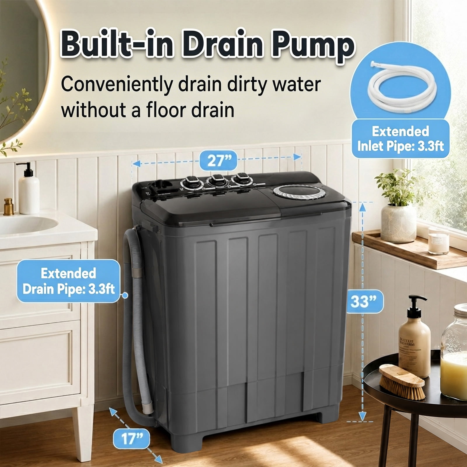 Portable Washing Machine, 30lbs Twin Tub Washer Compact Laundry Machine with Drain Pump,Compact Washer for Home Dorm Apartment,Black
