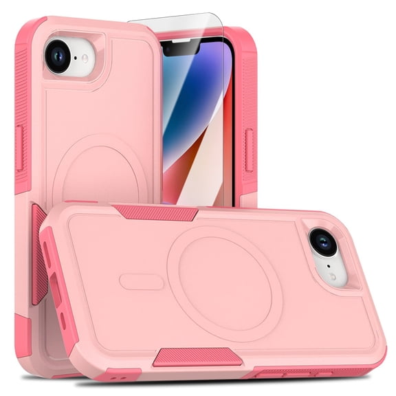 Dteck Magnetic Case with Tempered Glass Screen Protector for iPhone 17e / iPhone 16e,Shockproof TPU PC Case Compatible with Mag Safe Back Cover for iPhone 16e/17e,Pink