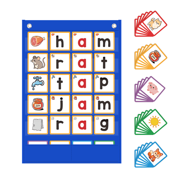 KEEPJOY CVC Word Building Pocket Chart with 114 Phonics Flash Cards, Educational Reading Spelling Tool for Classroom and Homeschool, Blue