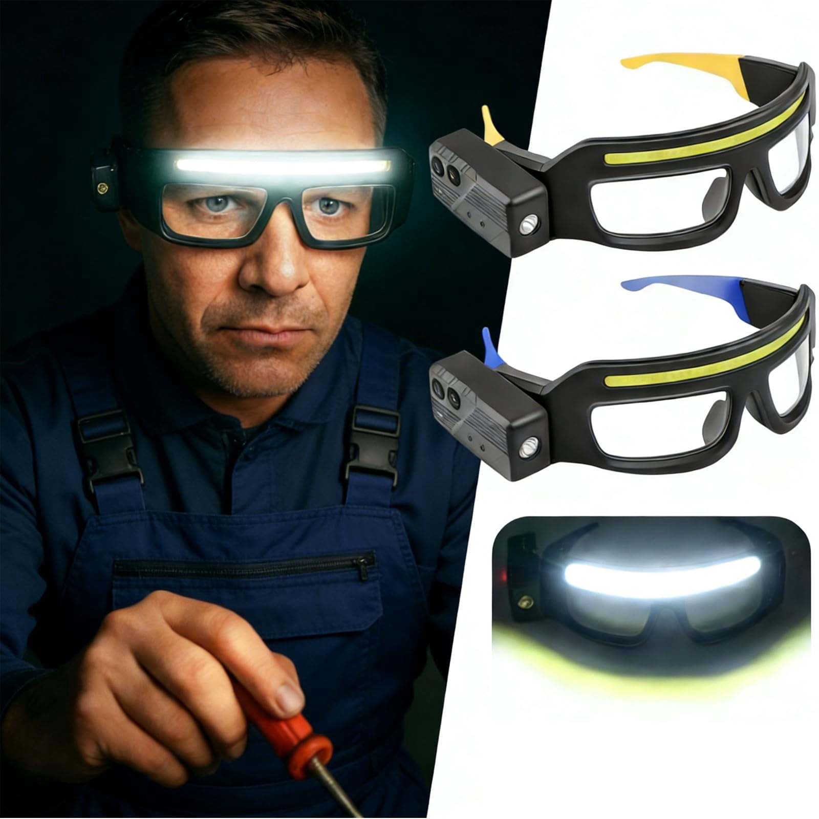 LED Safety Glasses With Dual Beam & Motion Sensor. USB-C, Clip-on Design For Hands-free Fishing, Running, Repair