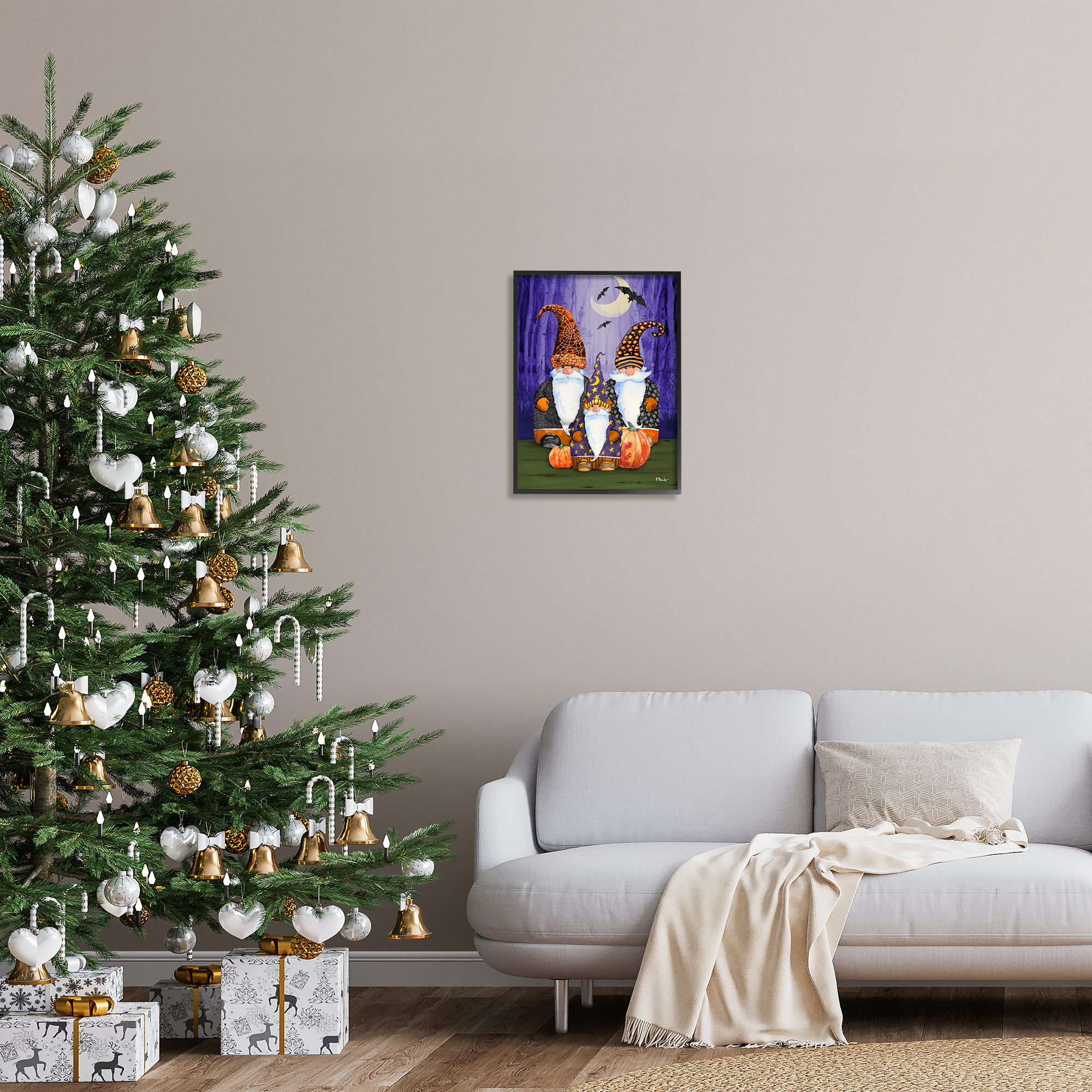 Stupell Industries Three Halloween Gnomes Holiday Painting Black Framed Art Print Wall Art, 16 x 20