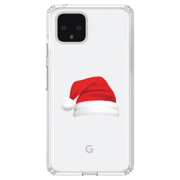 DistinctInk Clear Shockproof Hybrid Case for Google Pixel 4 XL (6.3" Screen) - TPU Bumper Acrylic Back Tempered Glass Screen Protector - Realistic Santa Hat Christmas