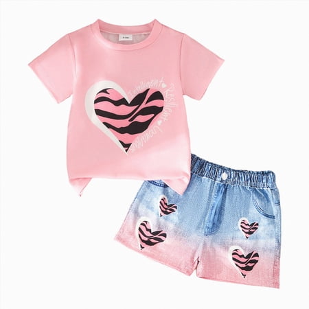 KPOPLK Baby Girls Clothes Baby Outfits Shirts Sets Toddler Cartoon Print Pattern Short Sleeve Two-piece Sute(12-18 Months Pink)