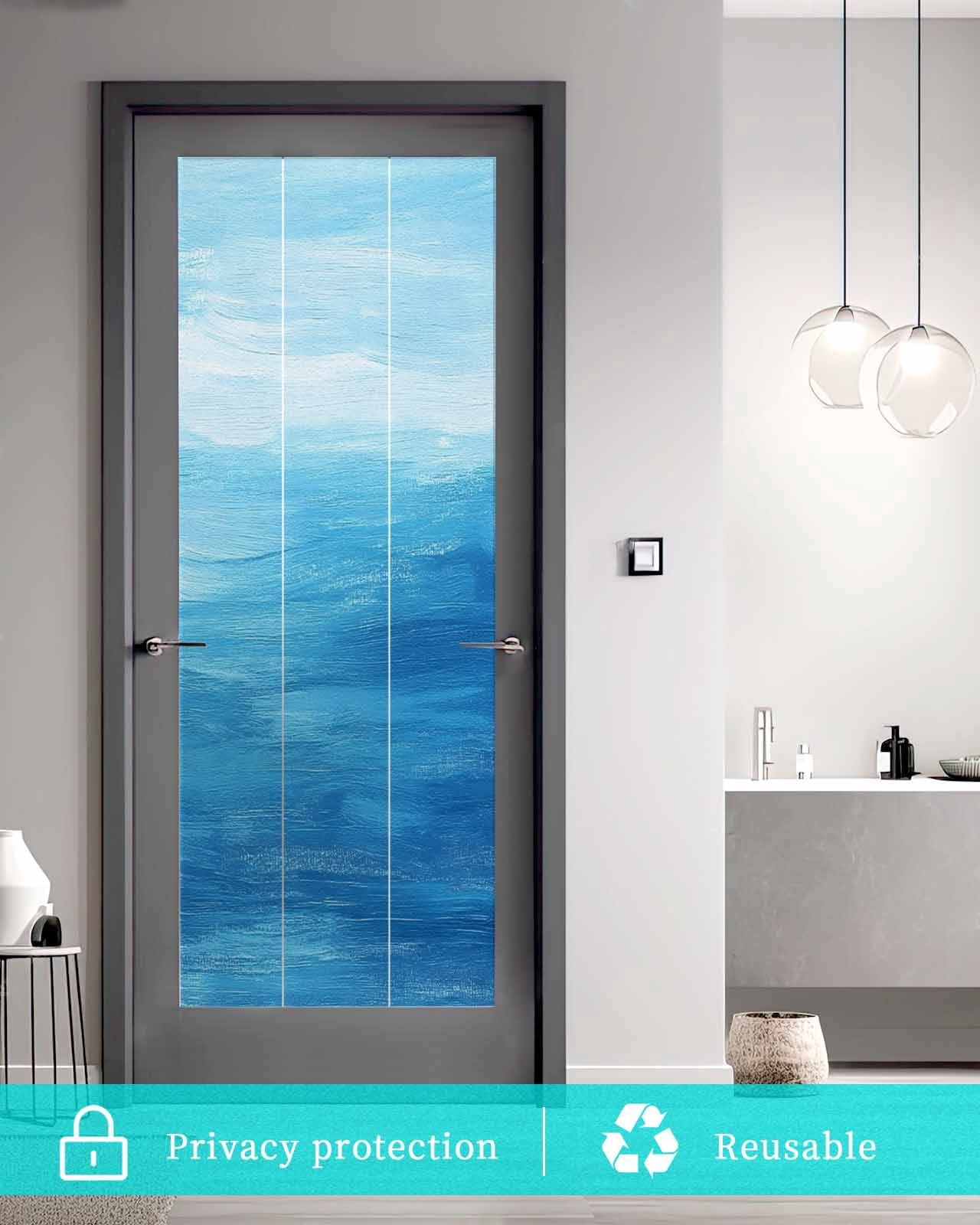 Window Privacy Film Blue Summer Ocean Stained Glass Window Film Decorative Sun Block Window Cover Modern Abstract Coastal Wave Window Clings Static Adhesive Sticker for Bathroom 23.6"x59"