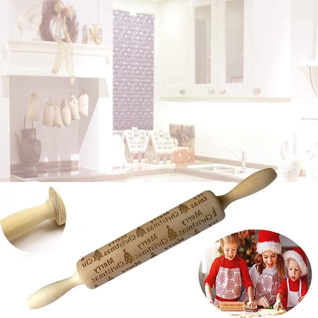 Dvkptbk Christmas Rolling Pin Engraved Carved Wood Embossed Rolling Pin Kitchen Tool