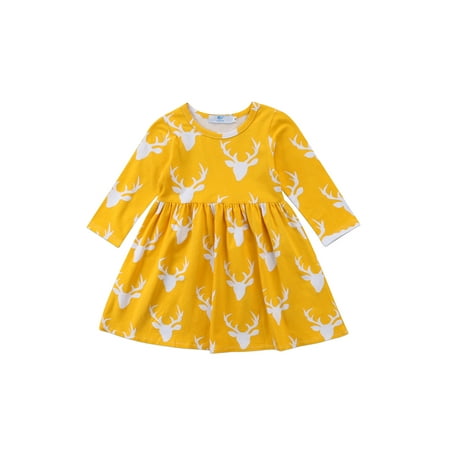 

EYIIYE Christmas Toddler Girls Deer Head Printed Long Sleeve Round Neck Casual Party Princess Dress