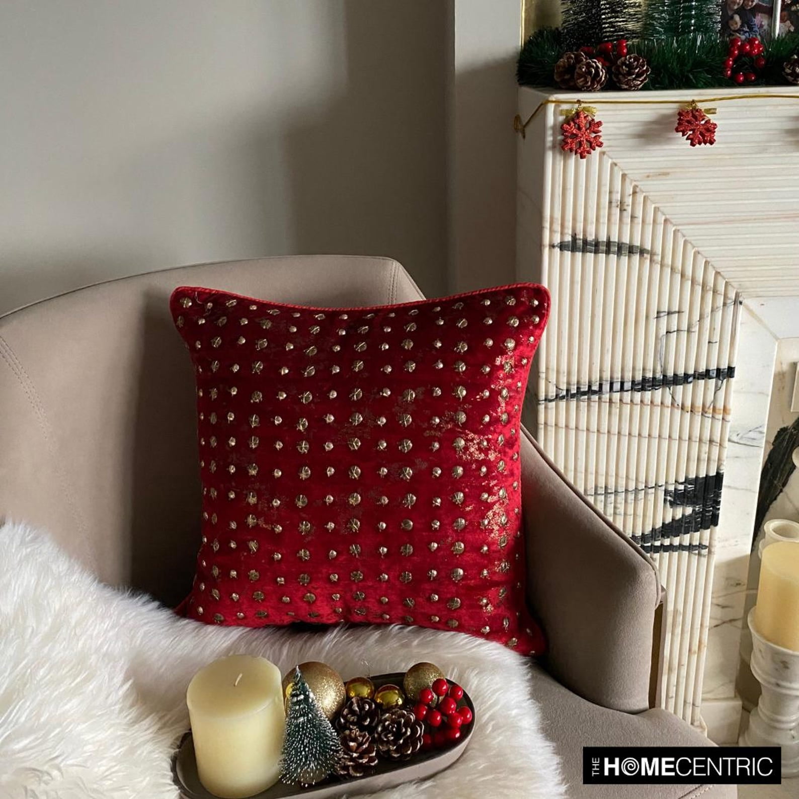 The HomeCentric Sofa Cushion Cover, Decorative Red Pack of 2, 16"x16" (40x40 cm) Pillow Covers, Velvet Beaded, Dotted & Gold Foil Throw Pillow Covers, Circles & Dots Modern Style - Wheeling Around Red