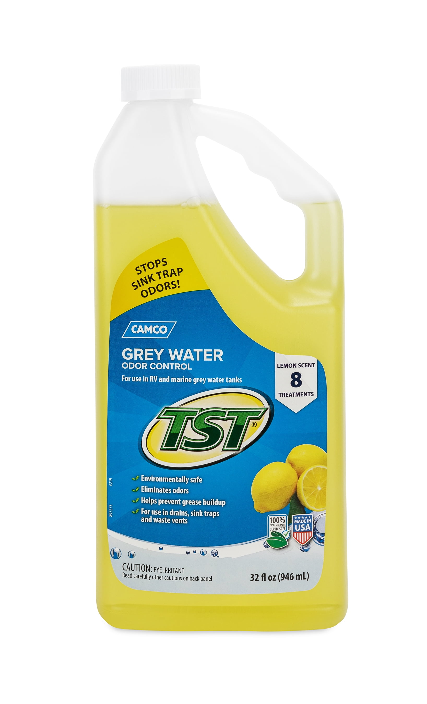 Camco TST RV Grey Water Odor Control | Holding Tank Deodorizer | Fresh Lemon Scent, 32 oz | Yellow (40252)