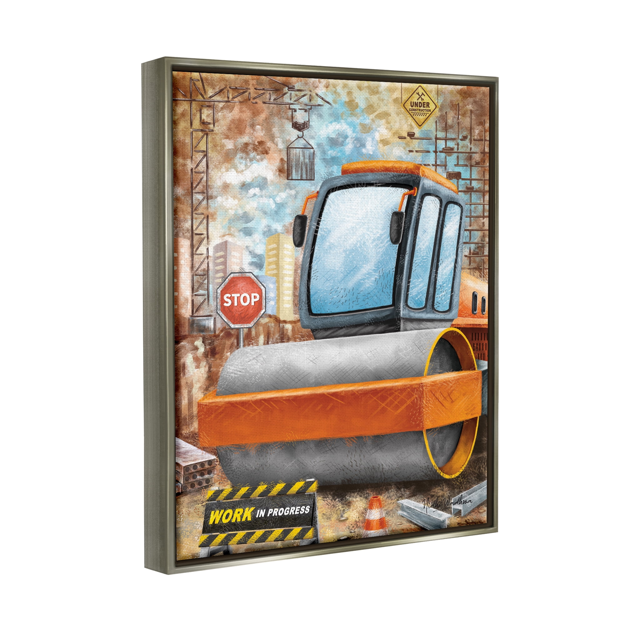 Stupell Industries Construction Work Scene Transportation Painting Gray Floater Framed Art Print Wall Art, 17 x 21