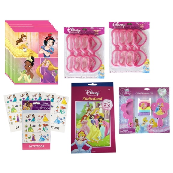 Disney Princess Birthday Party Supplies Bundle includes 8 Plastic Loot Bags, 8 Plastic Glasses, 96 Tattoos, 7pc Hair Accessories Set, 1 Sticker Pad, 1 Dinosaur Sticker Sheet
