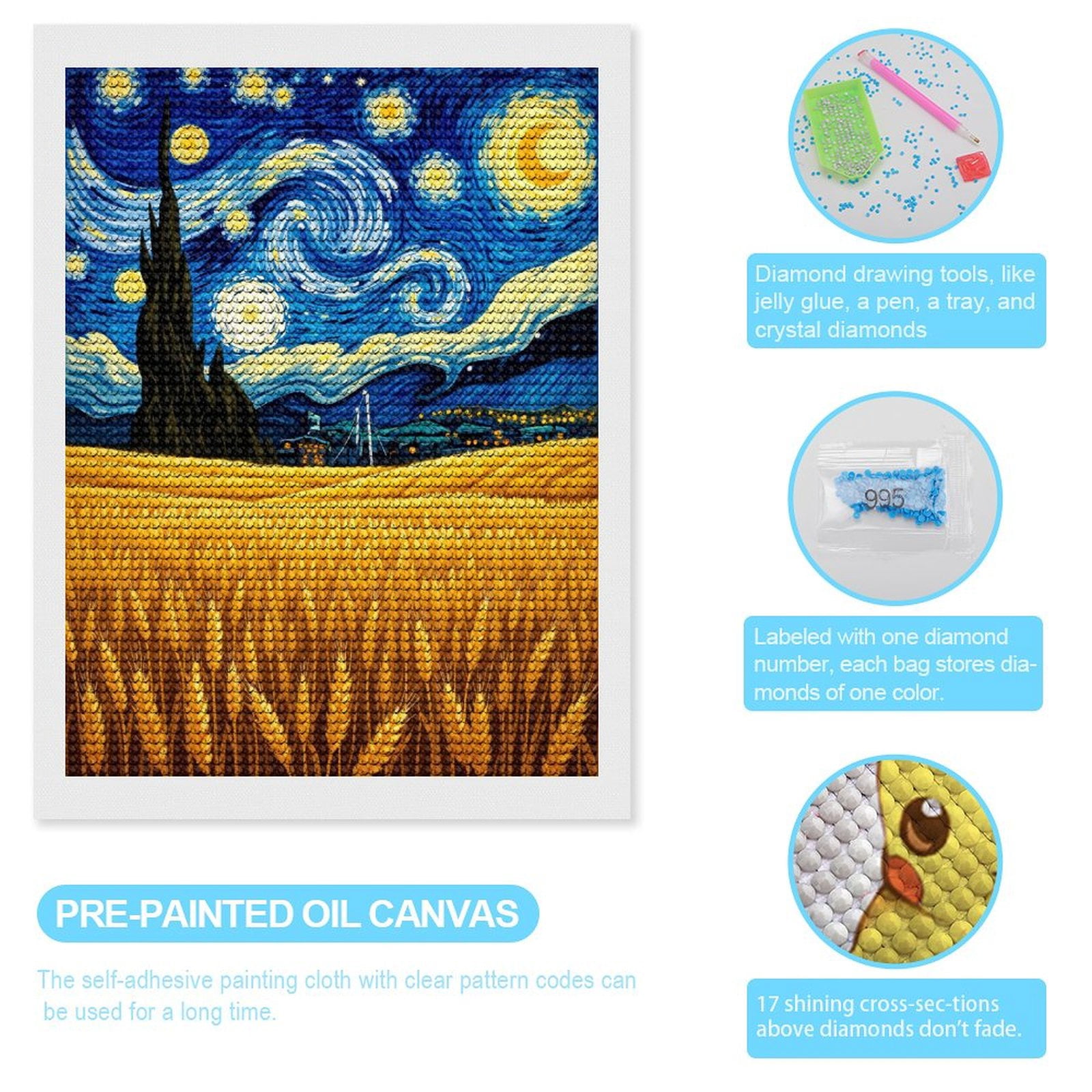 Diamond Art Kits for Adults, Starry Night Wheat Field Painting 5D Diamond Painting Kits for Adults Beginners, DIY Full Drill Diamond Painting, Gem Art and Crafts 12x16