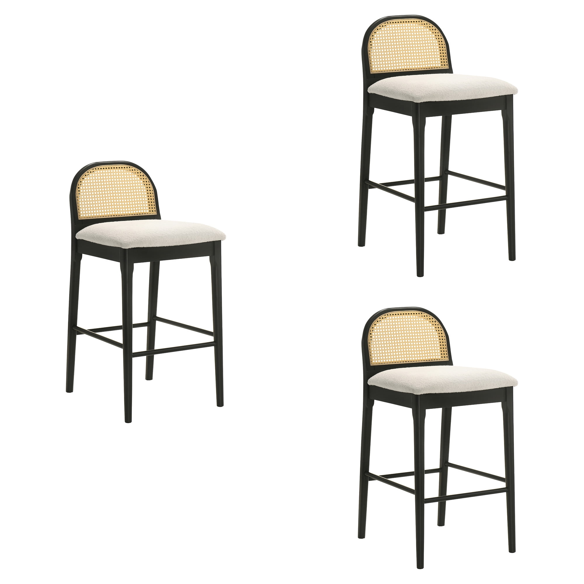Lucio Modern Farmhouse Wood Bar Height Kitchen Bar Stool in Black Finish with White Boucle Fabric Upholstered Seat - Set of 3