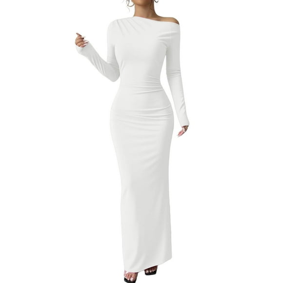 JGGSPWM One Shoulder Long Sleeve Dress for Women Solid Color Ruched Night Out Formal Maxi Fall Wedding Guest Dresses White S