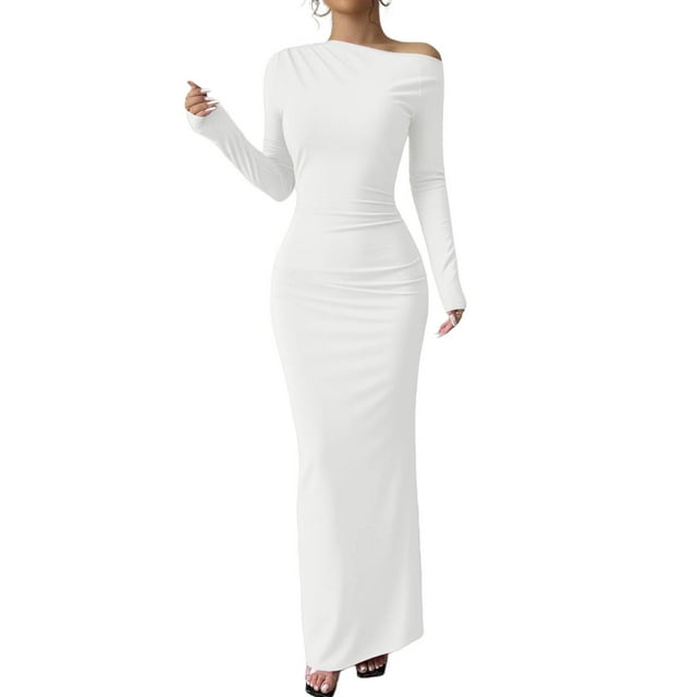 JGGSPWM Robe à une Épaule à Manches Longues pour Femmes Couleur Unie Froncée Sortie Nocturne Formelle Maxi Automne Invitée de Mariage Robes Blanc TTG