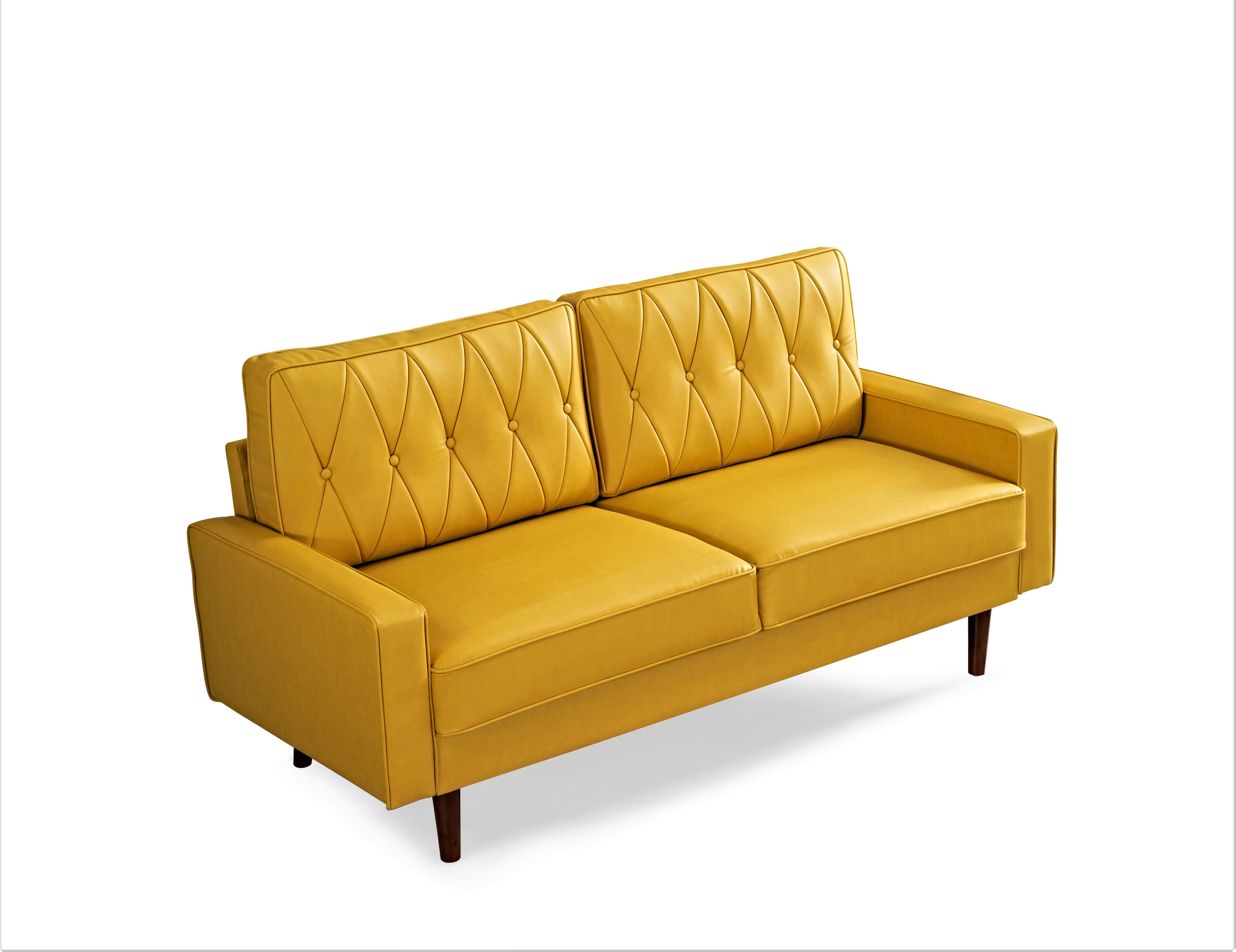 Uspridefurniture Acire 69.3" Faux Leather Cushion Back Sofa, Mustard Yellow