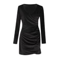 thumbnail image 5 of GZWYHT Dresses for Women 2025,Long Sleeve Dress Women's Solid Color Pleated Long Sleeve V Neck Velvet Dress Bodycon Dresses,Petite Dresses,Black Dress,Mini Dress M, 5 of 6