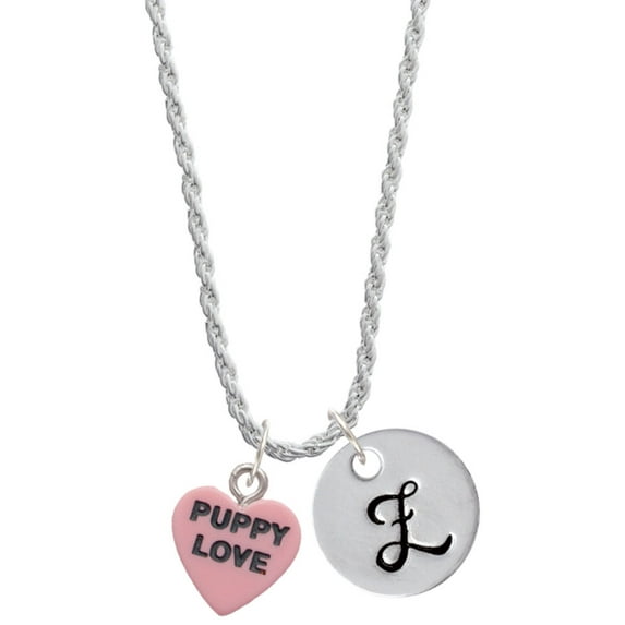 Delight Jewelry Acrylic Pink "Puppy Love / Take a Walk" Heart Silvertone Script Initial Disc - Z - Charm Necklace, 20"+3"