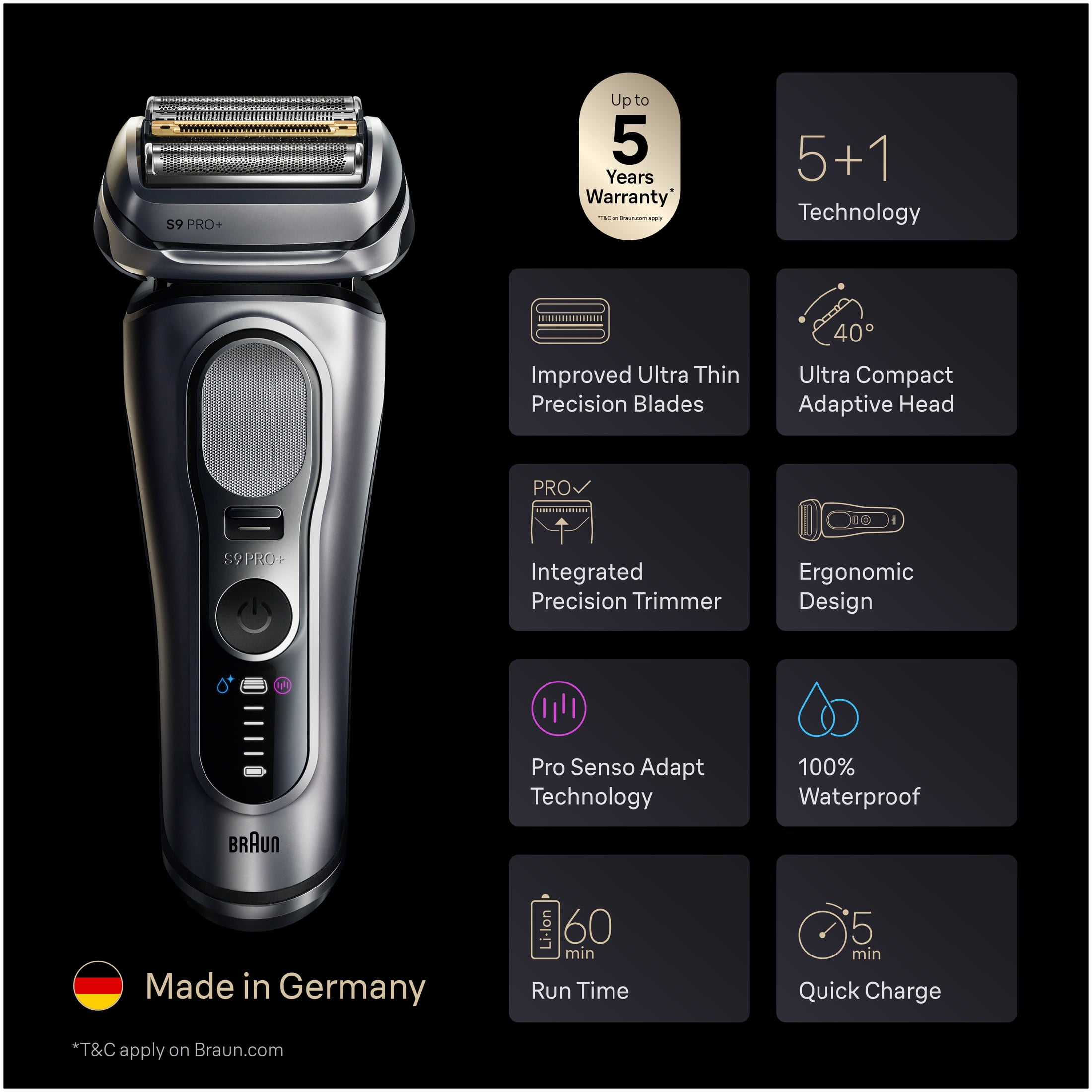 Braun 9617S PRO+ Electric Razor for Men, with Precision Trimmer, Silver