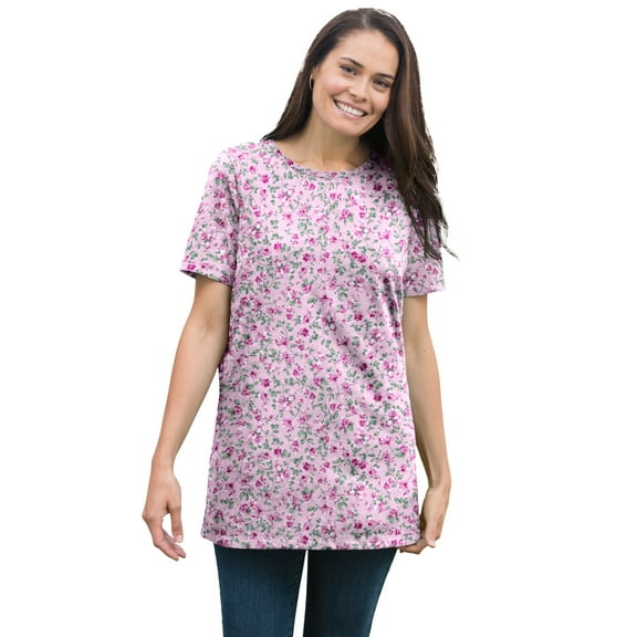 Woman Within Plus Size Perfect Printed Short-Sleeve Crewneck Tee