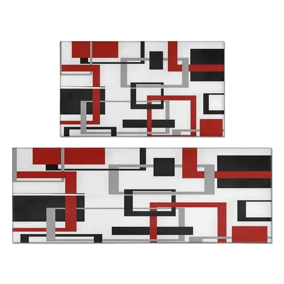 2 Piece Grey Red Geometric Rug Kitchen Rug Set, Decor Kitchen Rugs, Absorbent Non-Slip Washable Floor Mats, Home Indoor Runner Rugs 17"x47" 17"x30"