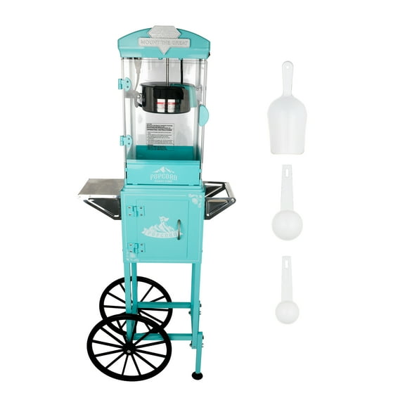 10oz Popcorn Machine with Cart, Vintage Style Popcorn Maker with Stainless Steel Kettle, Storage Cabinet & Wheels for Home, Parties, Concessions-Turquoise
