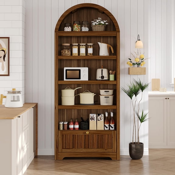 Arched Bookcase 6 Tier Tall Bookshelf with Drawer and Open Shelves Anti Tip Device Walnut Wood Finish Gold Handles for Living Room Bedroom Home Office