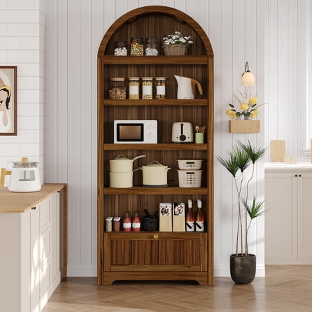 Arched Bookshelf with Drawers Tall Bookcase with Storage Shelves Farmhouse Standing Bookshelf Organizer for Living Room Bedroom Home Office Walnut