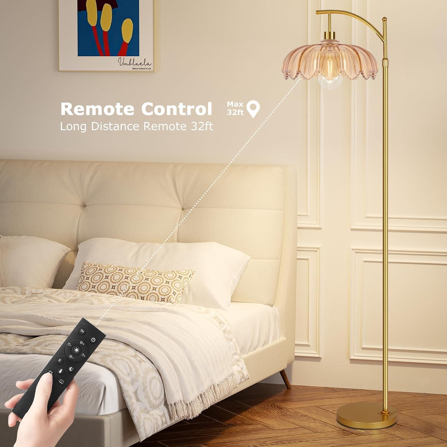 Vintage Floor Lamps For Living Room Glass Lamp With Remote Control & 3 Color Temperature Dimmable Mid Century Modern Standing Brass Tall Bedroom Corner