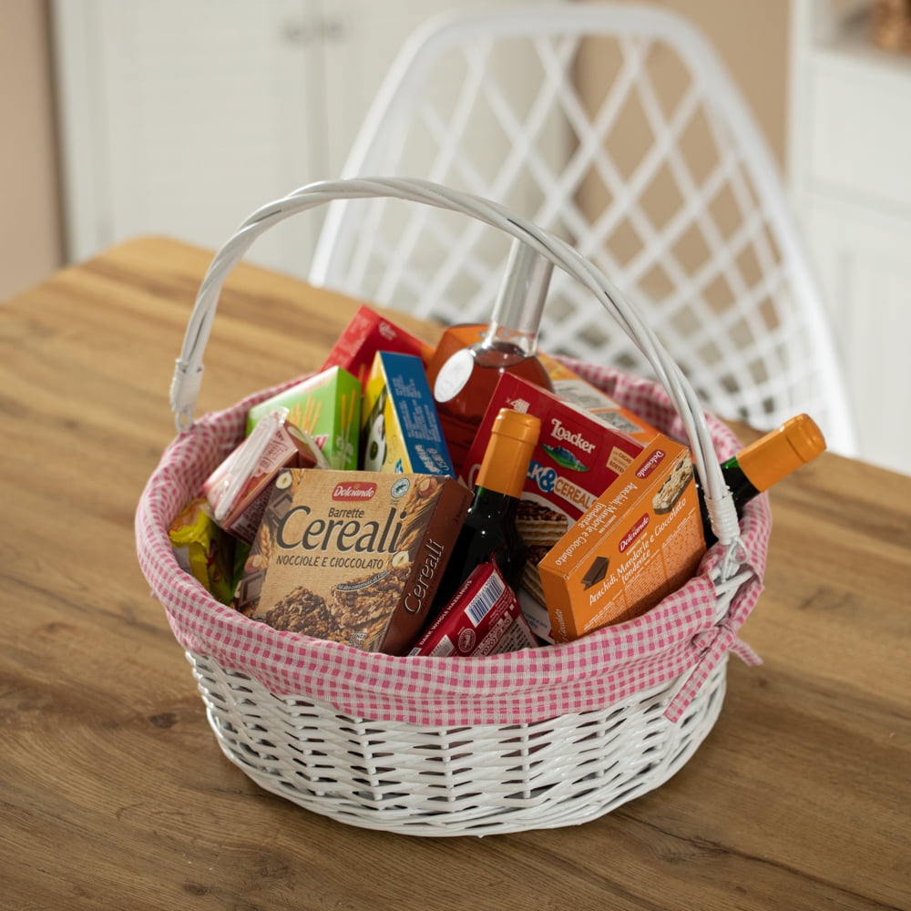 Traditional White Round Willow Gift Basket with Pink and White Gingham Liner and Sturdy Foldable Handles, Food Snacks Storage Basket, Large