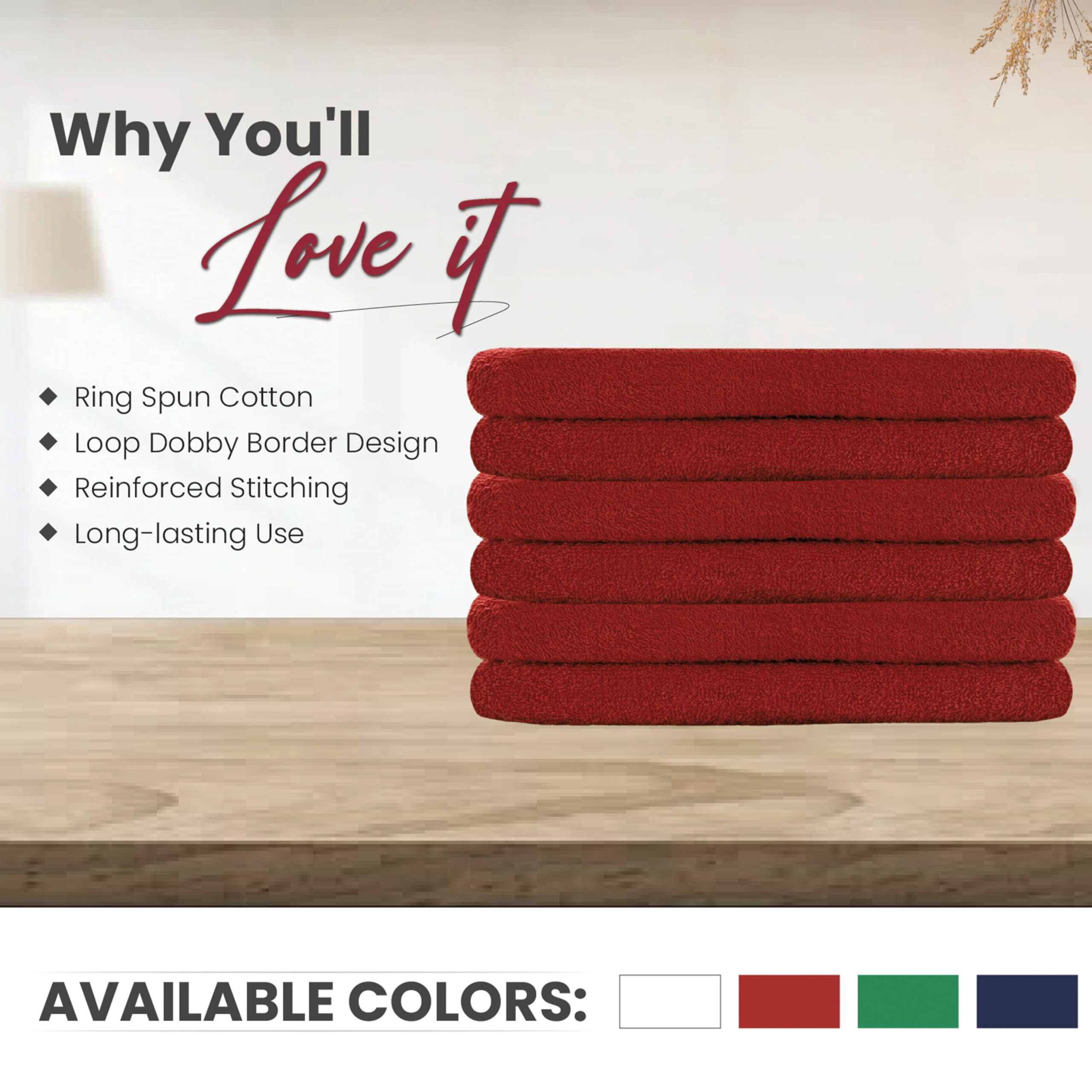 SupremePlus Premium Absorbent 16" x 27" 100% Ring Spun Cotton Hand Towels, Red 6 Count