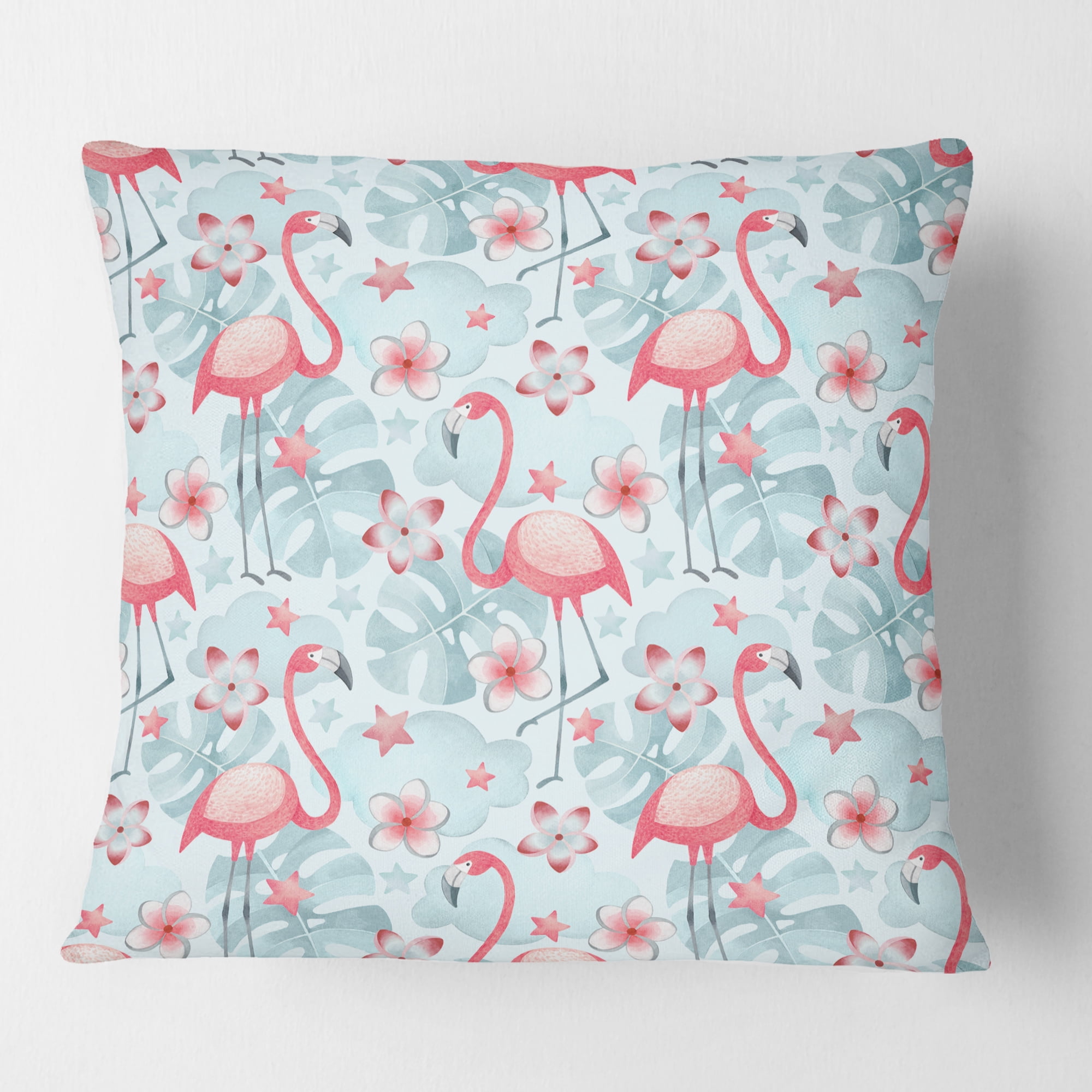 Designart Tropical Botanicals, Flowers And Flamingo III' Mid-Century Modern Throw Pillow - 18x18