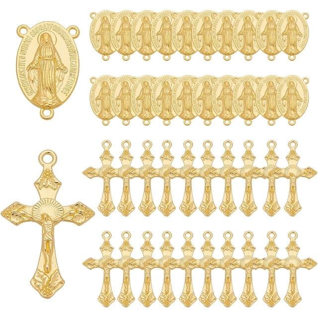 60 piezas de dijes de crucifijo de 2 estilos, eslabones ovalados para componentes de candelabro, colgantes de metal con temática de Pascua, dije de eslabón dorado.
