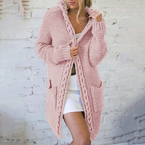 Suéter de punto grueso con capucha y abertura frontal para mujer, abrigo informal liso, cárdigan de manga larga, abrigos con bolsillo