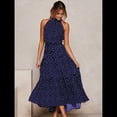thumbnail image 4 of Vestido Maxi de Verano con Estampado de Lunares para Mujer, Sin Mangas, Cuello Halter, Volantes, Bohemio con Cinturón Azul S, 4 of 9