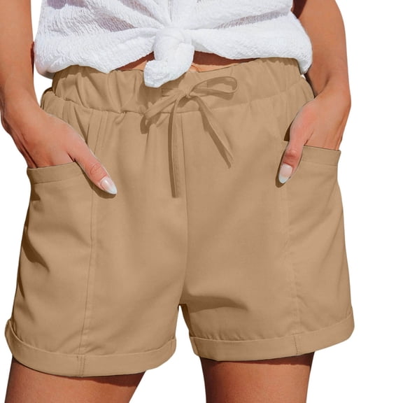 PIMSSY Women Casual Shorts Solid Color Straight Leg Lace Up Drawstring Pockets Classic High Waist Sports Loose Comfy Fashion Bottoms