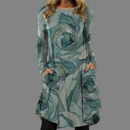 

Yohome Fashion Women Round Neck Cat Print Dress Irregular Hem Casual Loose