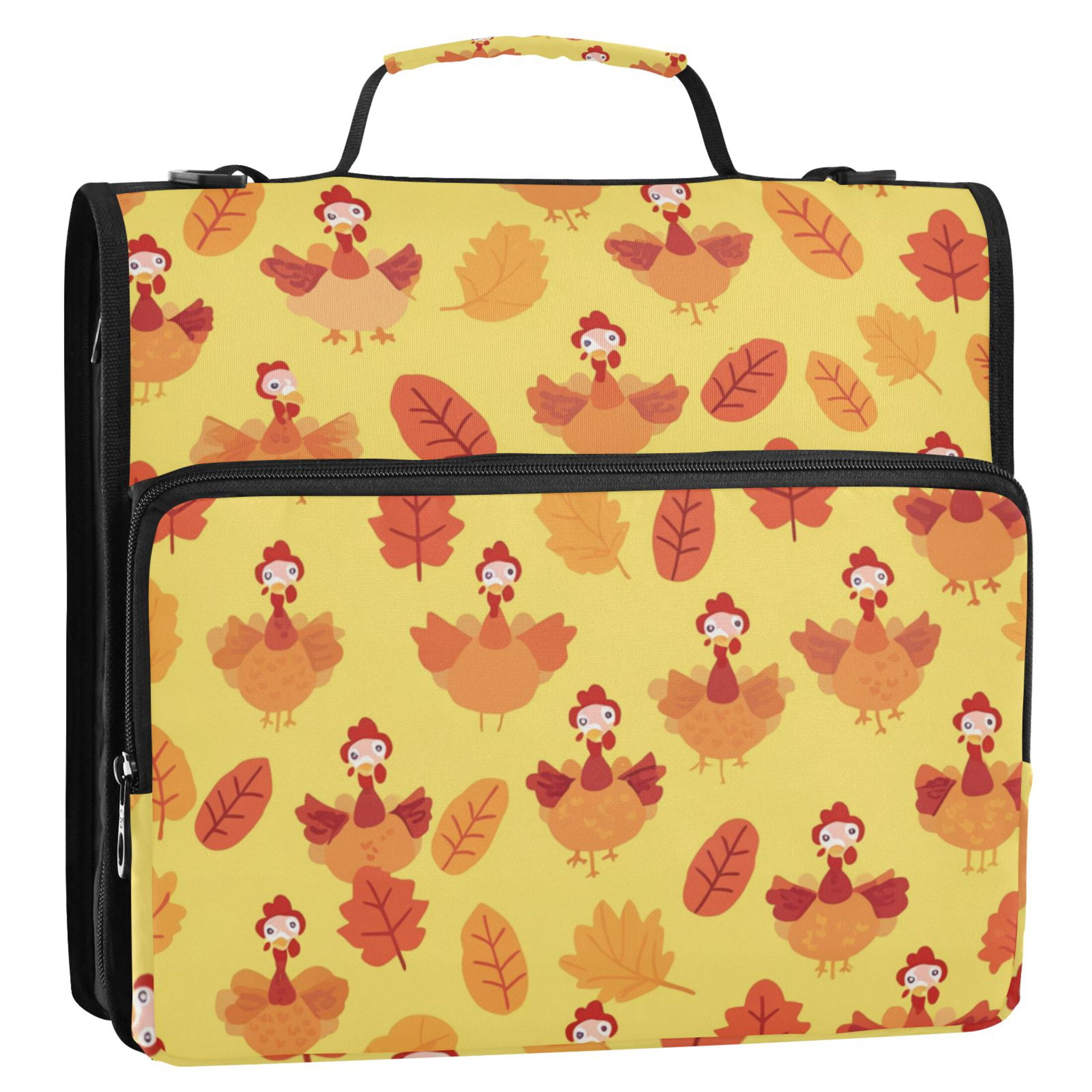 3 Ring Zipper Binder with Shoulder Strap Waterproof Trapper Keeper 2 Inch D-Ring 500 Sheets Capacity Cartoon Turkeys and Leaf