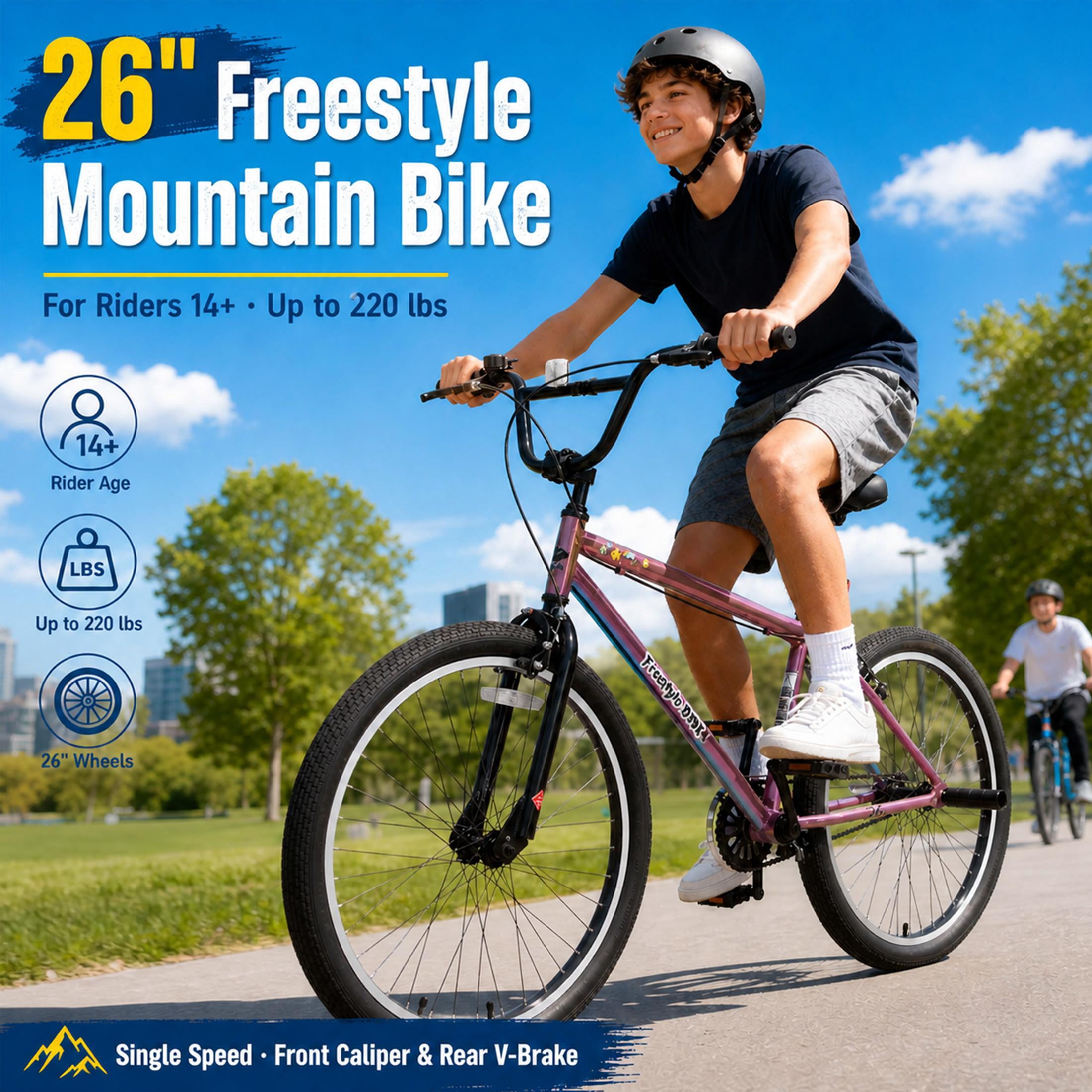 26 Inch Freestyle Bike for Teens and Adults, Single-Speed Mountain Bike with Carbon Steel Frame and 2 BMX Pegs, Front Caliper and Rear V Brakes, Colorful Outdoor Bicycle for Riders 5'4"-6'2"
