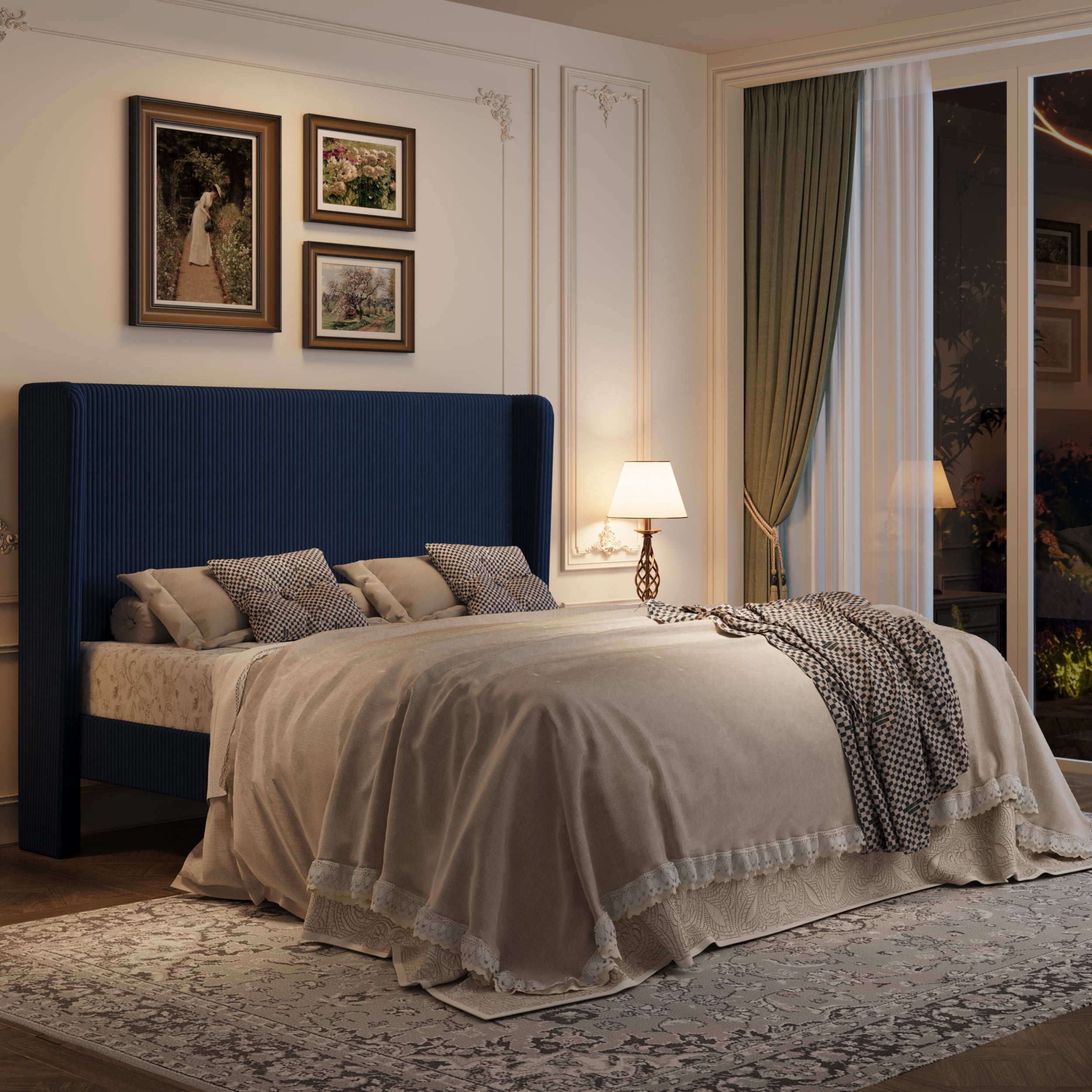 Amolife King Size Platform Bed Frame with Velvet Upholstered Wingback Headboard, Dark Blue