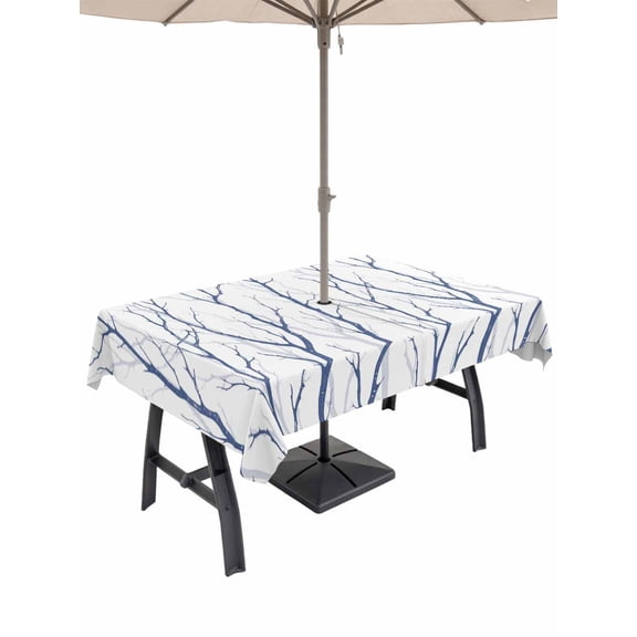 Outdoor Tablecloths with Umbrella Hole & Zipper, Navy Blue Branches Tablecloth Rectangle 60x84 Inch, Modern Abstract Art Forest Silhouettes Waterproof Table Cloth, Patio/Pool/Picnic Table Covers