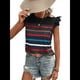 thumbnail image 1 of Camiseta de Verano con Cuello Redondo, Estampado de Rayas y Volantes de Encaje y Mangas para Mujer Negro S, 1 of 7