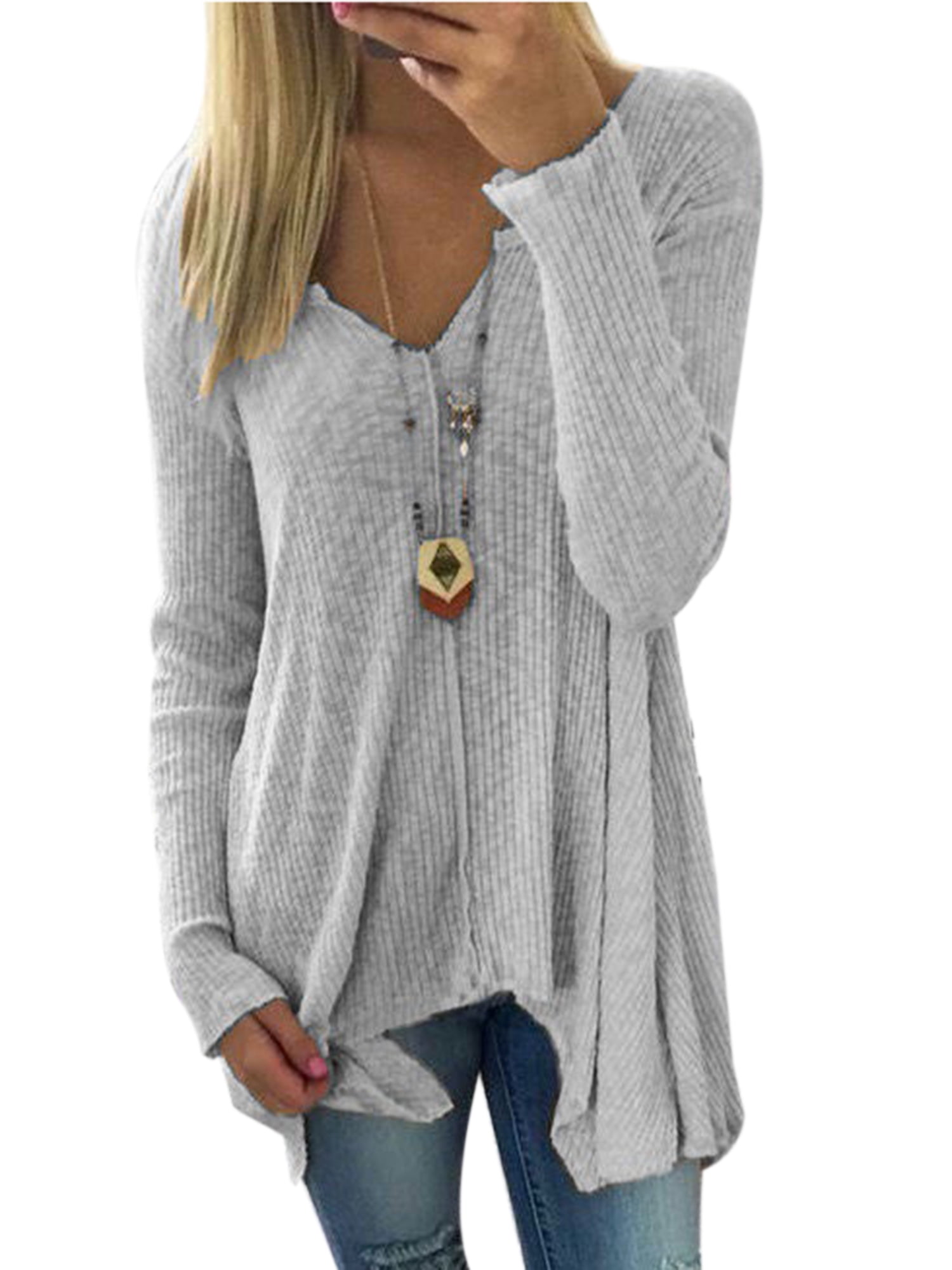 Casual Blouse Loose Women V-neck Plus Size Pullover Long Sleeve Tunic Tops