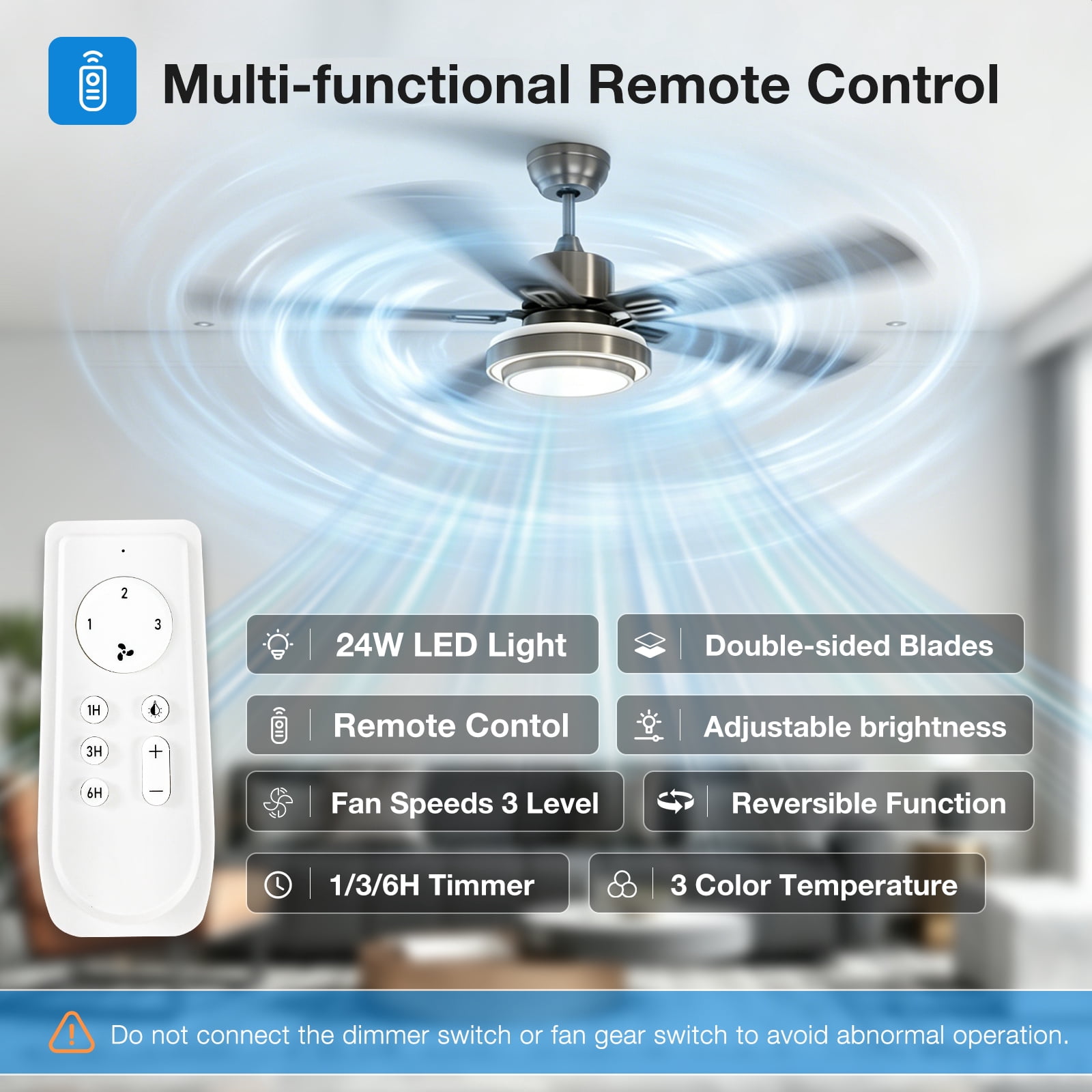 Warmiplanet 52" Modern Ceiling Fan with Light & Remote, Brush Nickel, Dual-Color Blades, 3 Speeds, 3-Color Light, Reversible, Timer