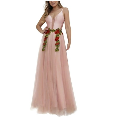 

Hfyihgf Women s Sleeveless V-Neck Backless Prom Dresses Flower Embroidery Tulle Bridesmaid Maxi Dresses Formal Evening Party Gowns(Beige L)
