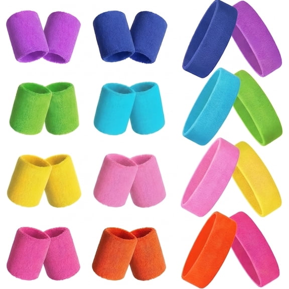 24pc Neon Sweatbands Set - 8 Headbands 16 Wristbands, Athletic Cotton Towel Elastic Sports Sweat Bands Bulk for 80s Party Tennis Running Men Women