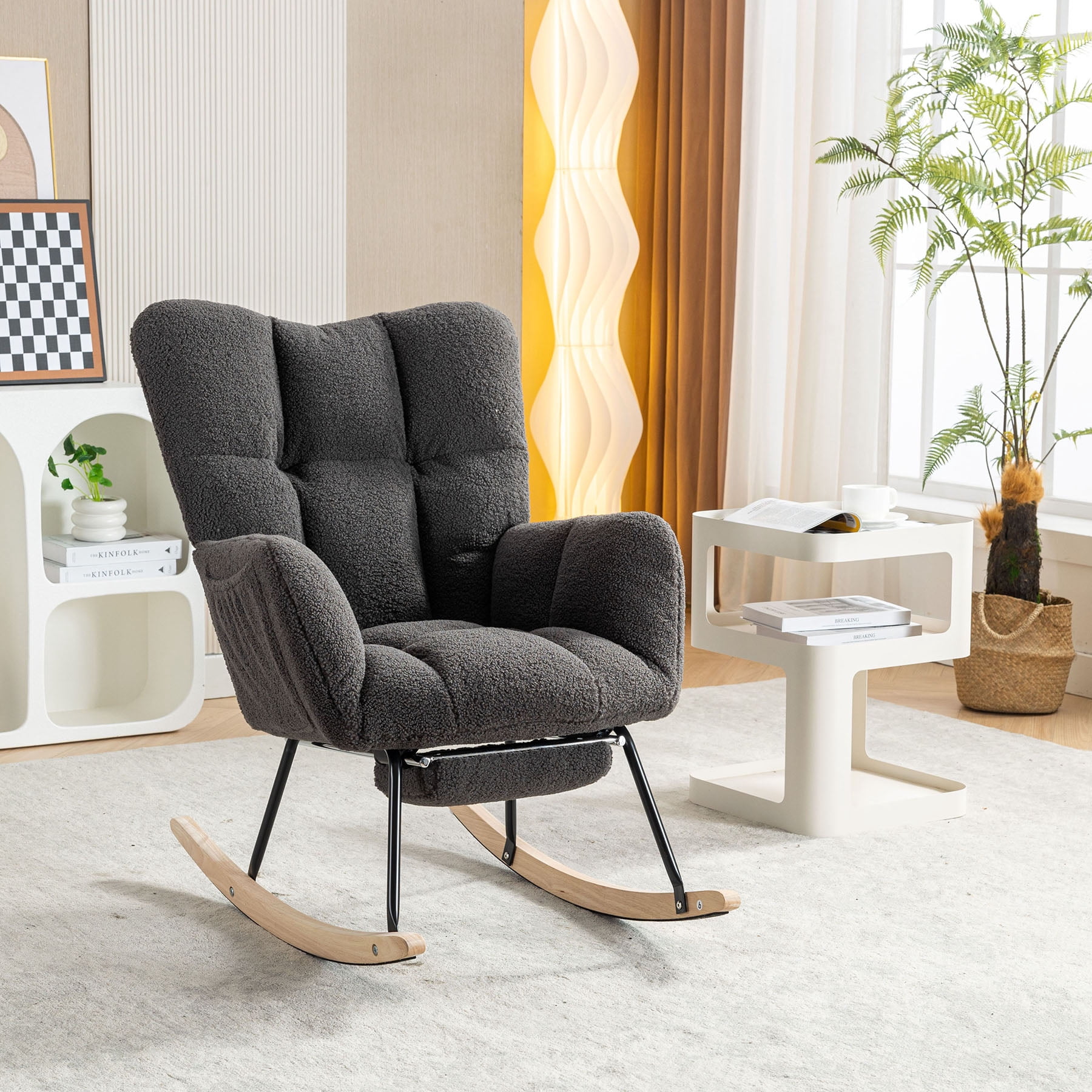 S-HOME Teddy Fabric Rocking Chair with Adjustable Footstool, High Backrest and Storage Pocket for Versatile Indoor Use, Dark Gray