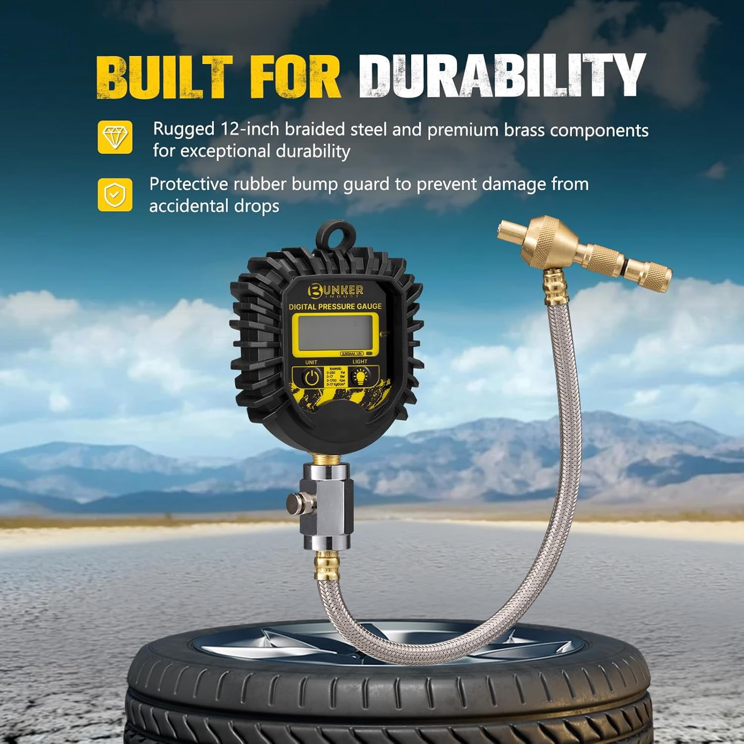 BUNKER INDUST Digital Tire Pressure Gauge, 0-250 PSI Heavy Duty Air Guage for car, Truck, and Off-Road Vehicle- Reliable Accuracy-Backlit LCD Display, Tire Deflator with Built-in Top Light