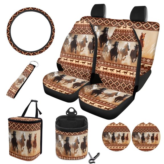 LedBack Aztec Horse Print Car Seat Cover Sets Full Set Cloth, Comfy Soft Front and Rear Split Bench Seat Covers with Steering Wheel Cover Trash Bin Car Air Vent Storage Bag Cup Coasters